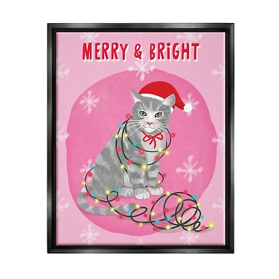 Stupell Industries Merry & Bright Christmas Cat Framed Floater Canvas Wall Art