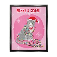 Stupell Industries Merry & Bright Christmas Cat Framed Floater Canvas Wall Art