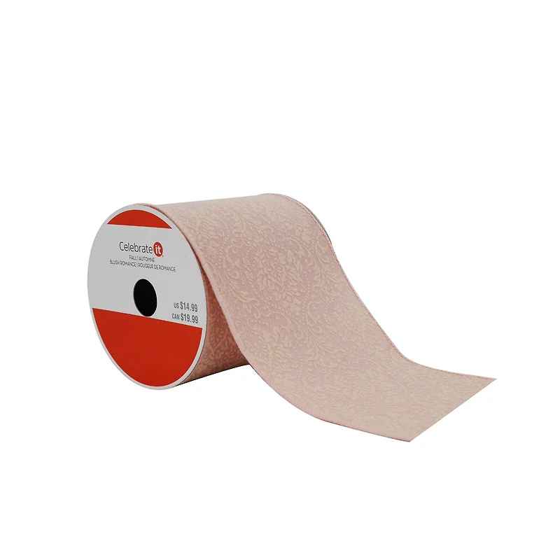 4" x 4yd. Pink Damask Wired Faux Linen Ribbon by Celebrate It® Blush Romance