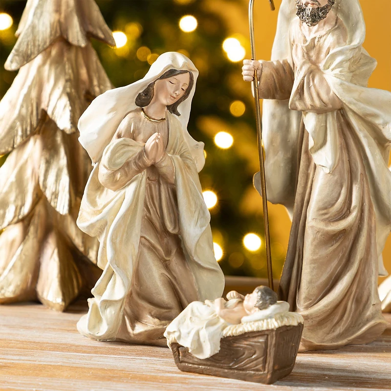 Glitzhome® 5-Piece Gold Resin Holy Family with Christmas Trees Set