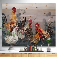 Designart - Group of Rooster in Gray Farm background - Farmhouse Animal Painting Print on Natural Pine Wood