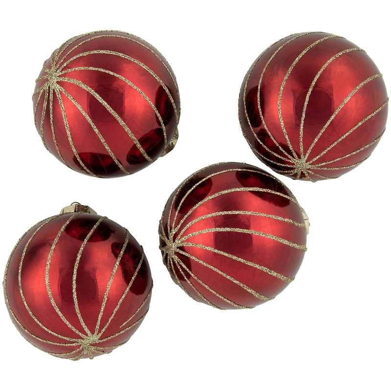 4ct. 3" Burgundy Red and Gold Glitter Striped Glass Christmas Ball Ornaments