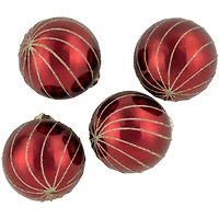 4ct. 3" Burgundy Red and Gold Glitter Striped Glass Christmas Ball Ornaments