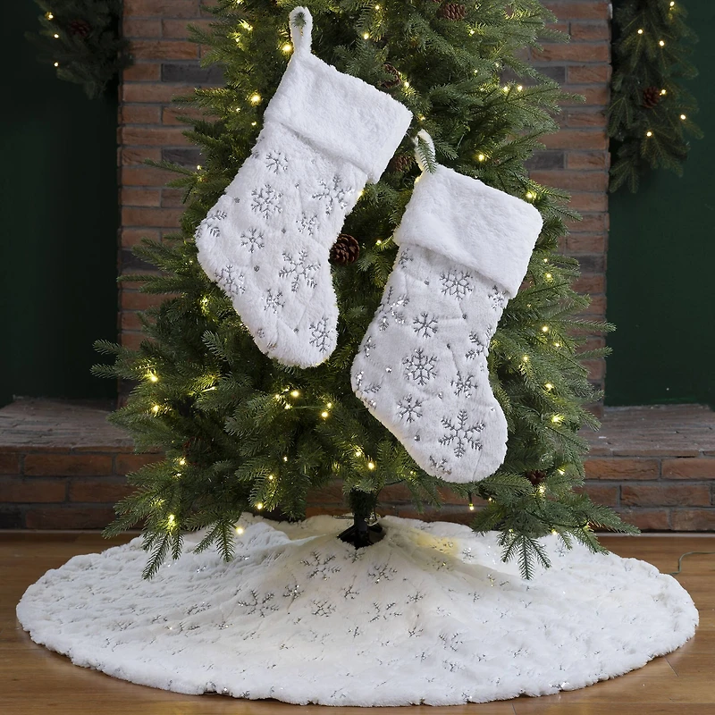 Glitzhome® White Plush with Snowflake Christmas Stocking & Tree Skirt Set