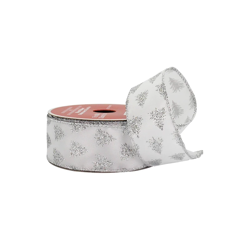 1.5" x 30ft. Silver Glitter Tree White Taffeta Wired Ribbon by Celebrate It®