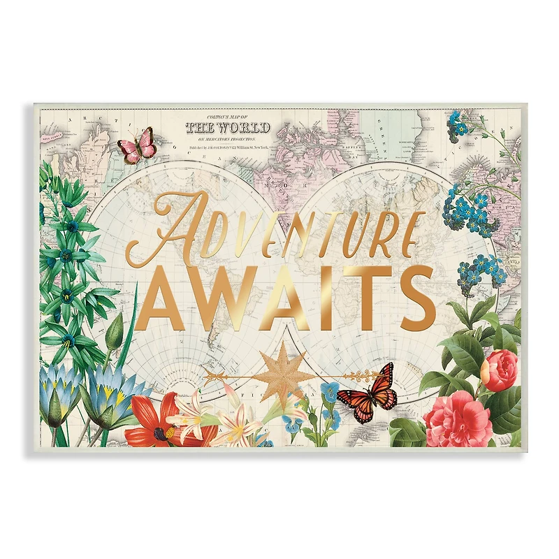 Stupell Industries Adventure Awaits Floral Map Wall Plaque