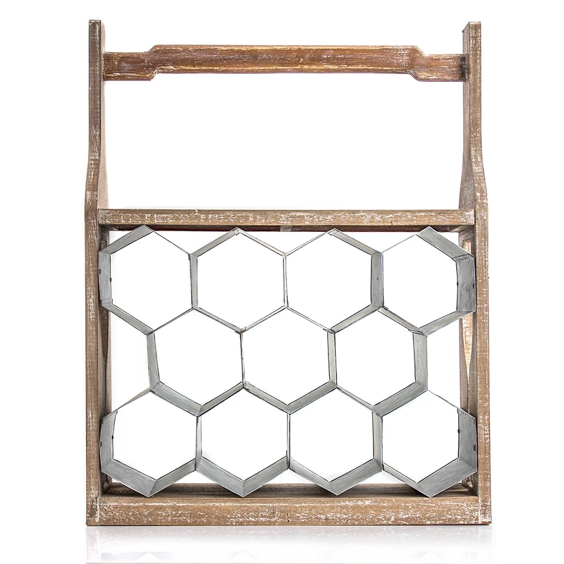 20" Rustic Wood & Metal Wine Rack with Handle