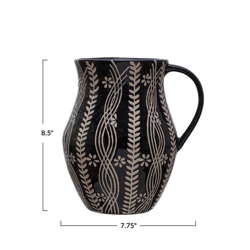 Hello Honey® 8.5" Black & Natural Stoneware Pitcher with Wax Relief Botanicals