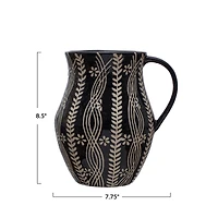 Hello Honey® 8.5" Black & Natural Stoneware Pitcher with Wax Relief Botanicals