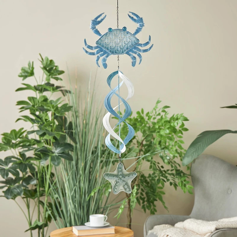 32" Blue Swirl Wind Spinner Metal Crab & Starfish Windchime