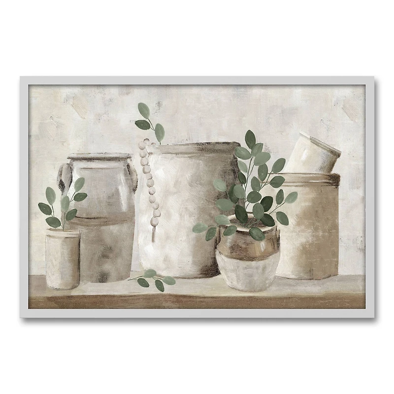 Neutral Greenery Pots White Framed Canvas