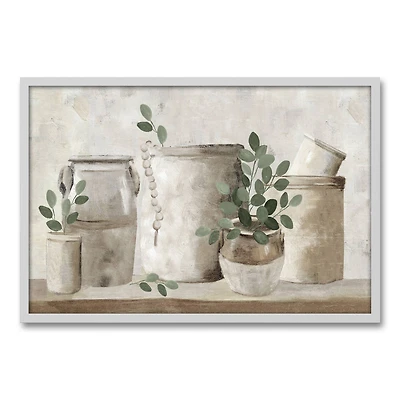 Neutral Greenery Pots White Framed Canvas
