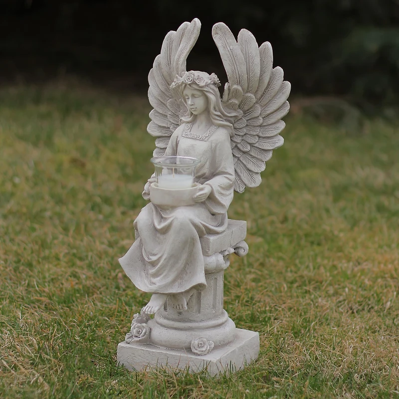 17" Peaceful Angel Sitting on a Pedestal Candle Holder Statue