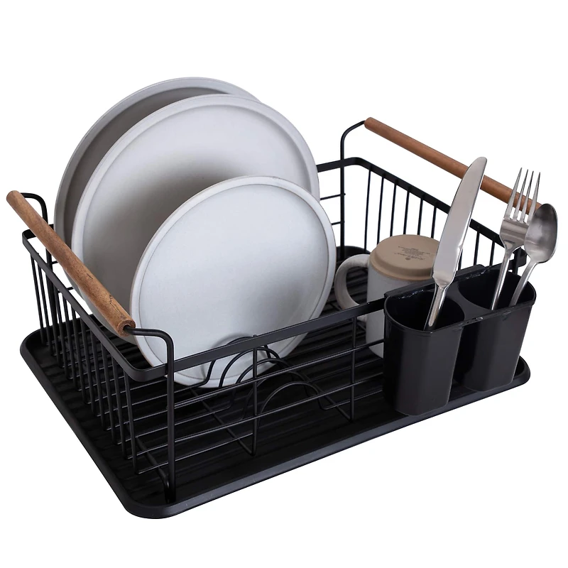 Kitchen Details Acacia Wood Black Drying Rack with Draining Tray