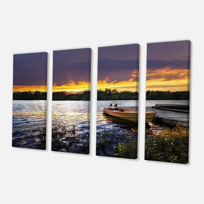 Designart - Boat Docked in Lake at Sunset