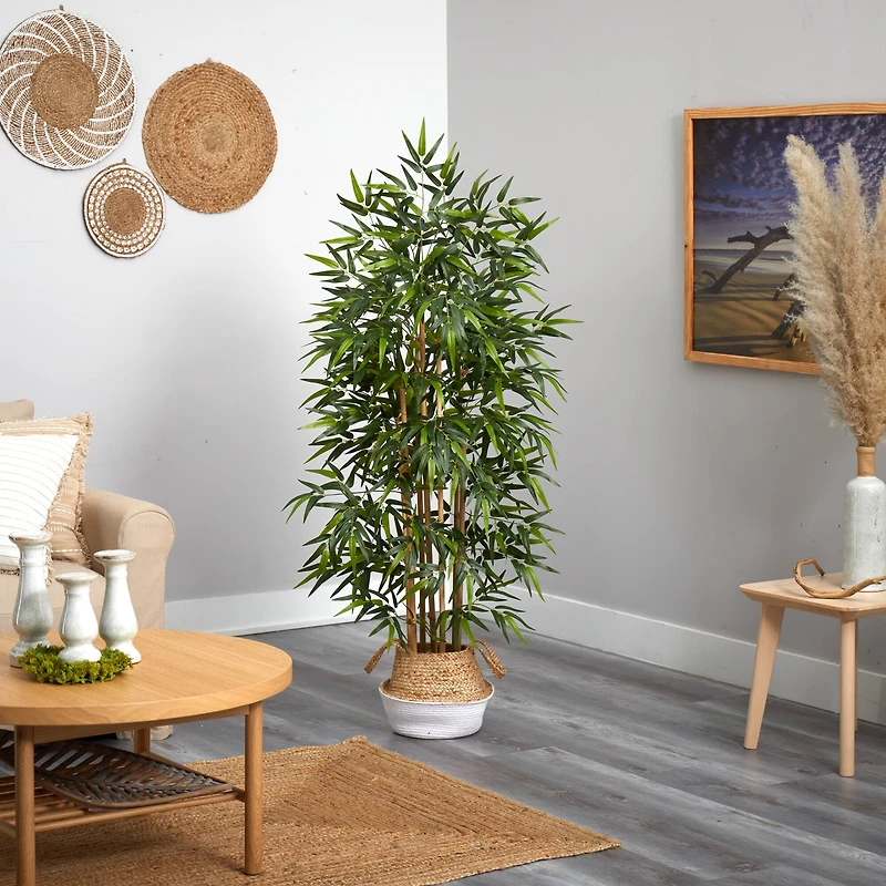 64" Bamboo Artificial Tree with Natural Bamboo Trunks in Boho Chic Handmade Cotton & Jute White Woven Planter