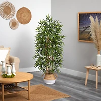 64" Bamboo Artificial Tree with Natural Bamboo Trunks in Boho Chic Handmade Cotton & Jute White Woven Planter