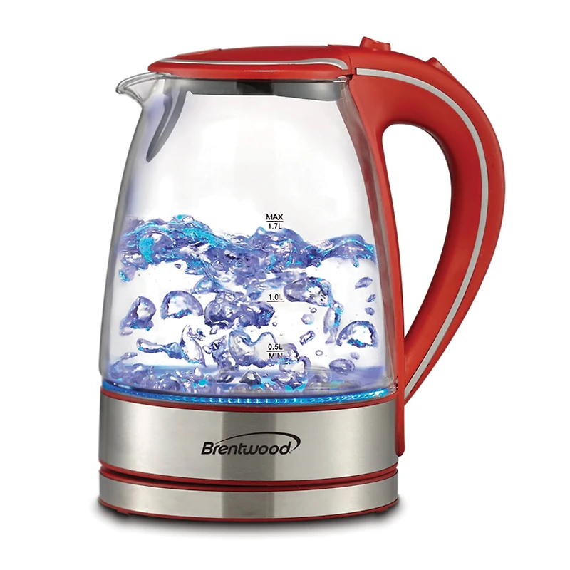 Brentwood 1.7L Red Cordless Tempered-Glass Electric Kettle