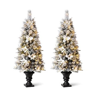 5ft. Pre-Lit Flocked Pine Artificial Christmas Tree in Planter Set, Warm White LED Lights
