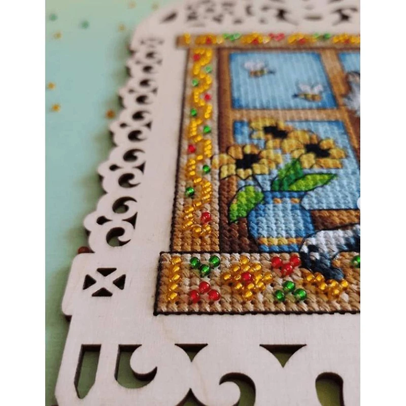 MP Studia Grey Cat Cross Stitch On Wood Kit