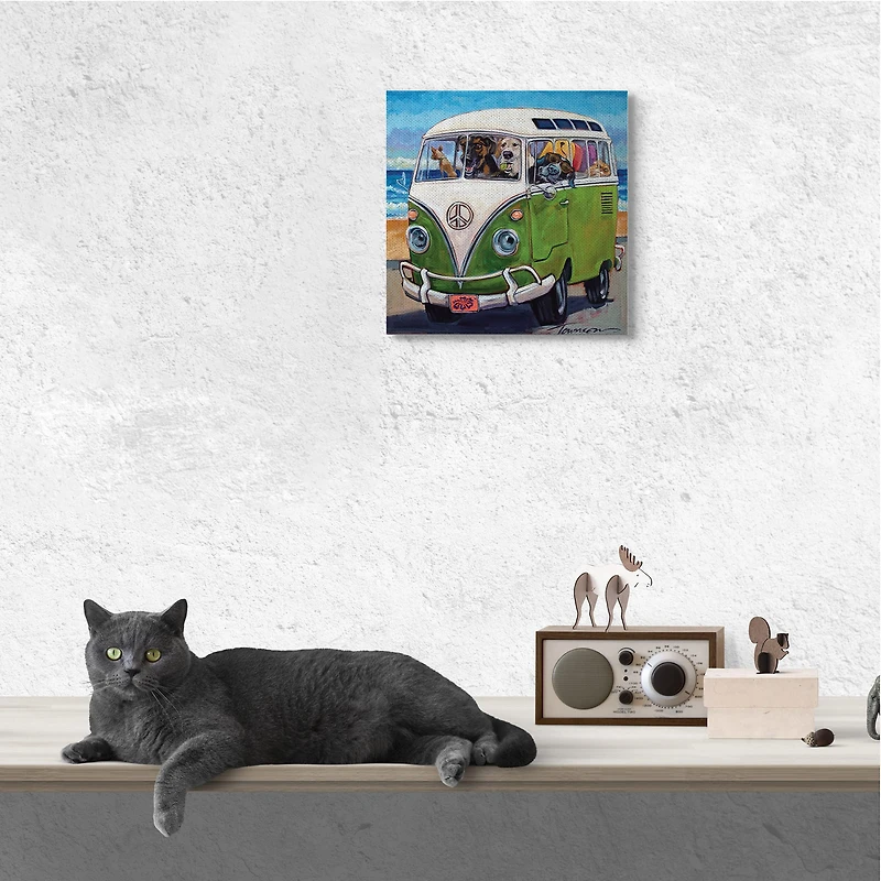 Stupell Industries Dogs Driving Retro Van Summer Beach Trip Canvas Wall Art