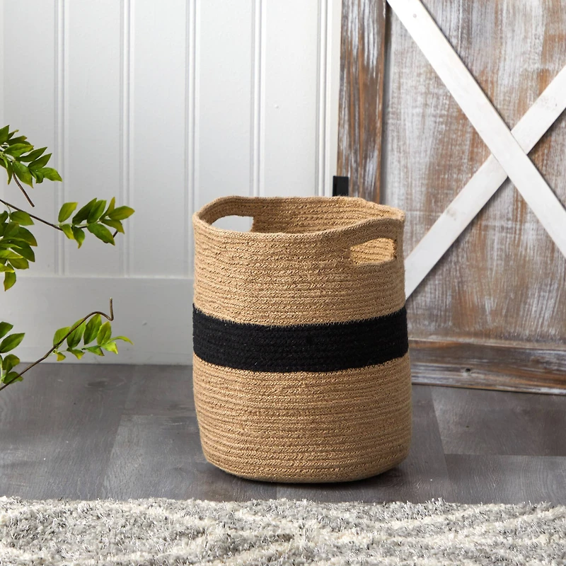 13.5" Brown & Black Handmade Natural Cotton Basket Planter