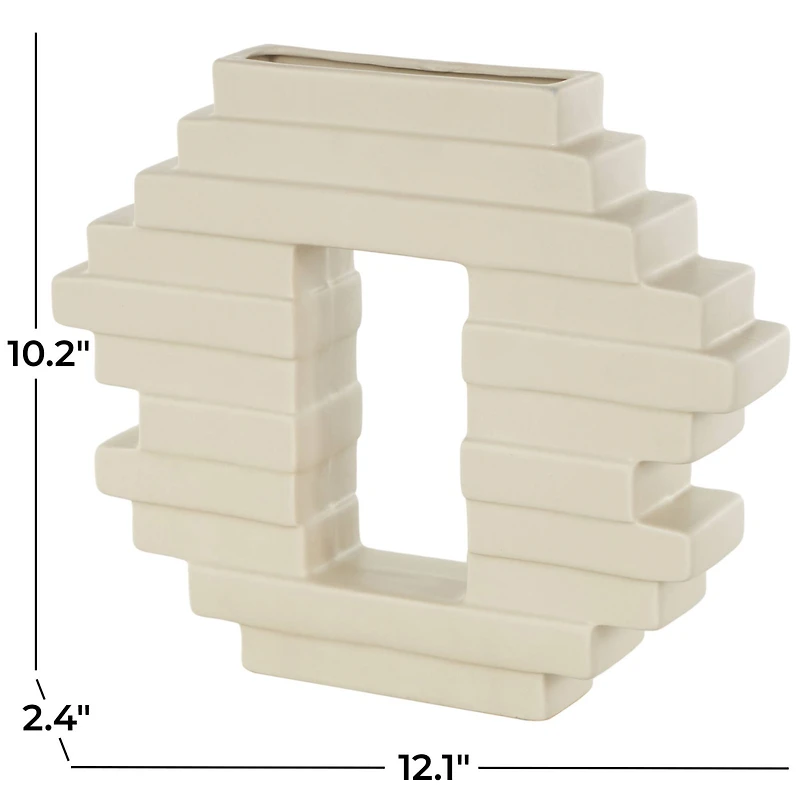 12" Cream Ceramic Abstract Decorative Vase with Rectangular Center Cutout