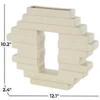 12" Cream Ceramic Abstract Decorative Vase with Rectangular Center Cutout