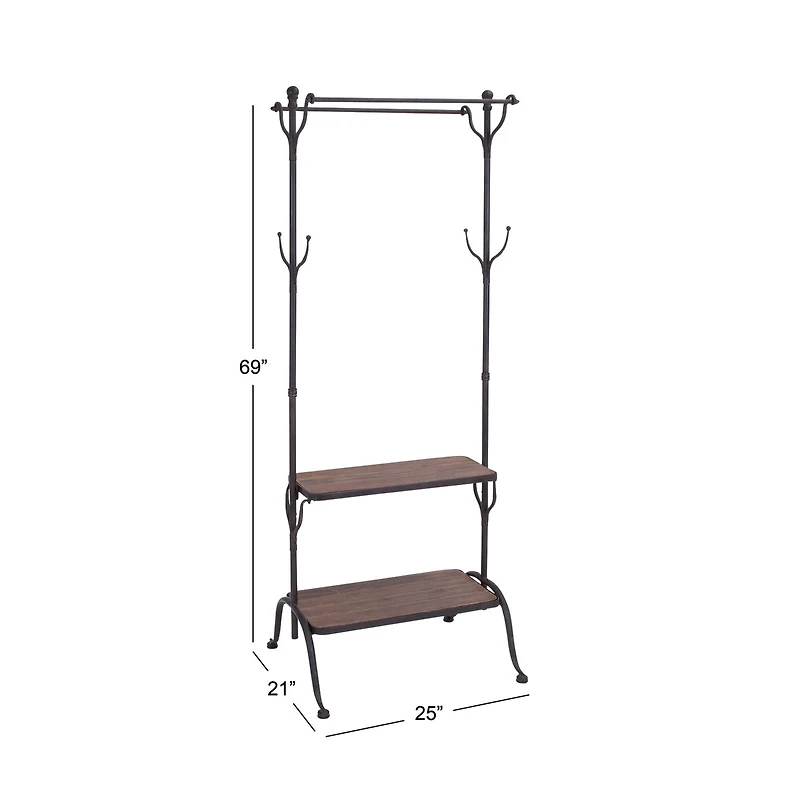 72" Black Metal & Wood Industrial Coat Rack