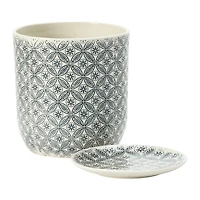 Hello Honey® 7" Black & Cream Hand-Stamped Pattern Stoneware Pot & Saucer Set