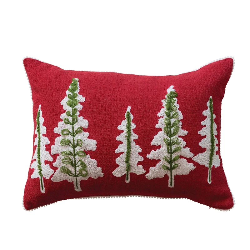 Hello Honey® 20" x 14" Red, Natural & Green Cotton Slub Lumbar Pillow with Embroidered Trees & Pom Pom Trim