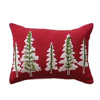 Hello Honey® 20" x 14" Red, Natural & Green Cotton Slub Lumbar Pillow with Embroidered Trees & Pom Pom Trim