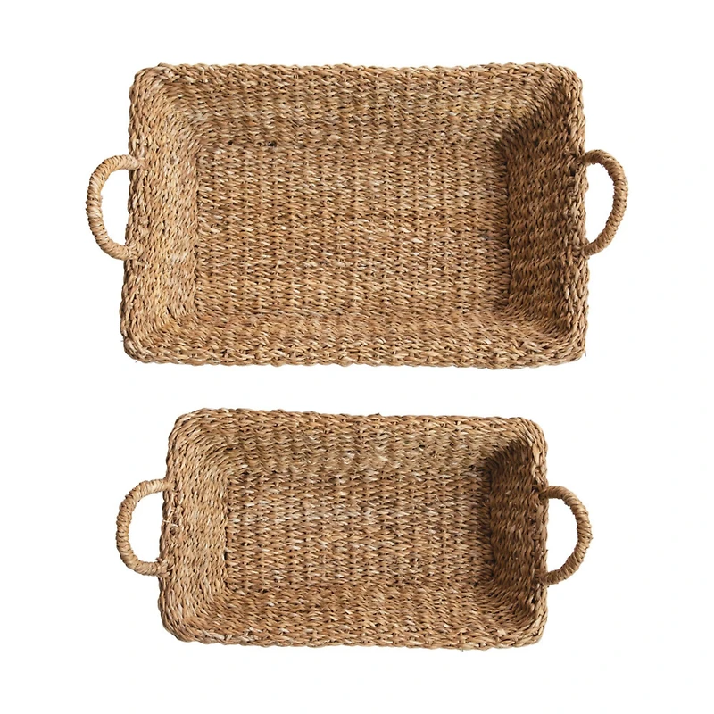 Hello Honey® Natural Decorative Handwoven Seagrass Double Walled Trays with Handles Set