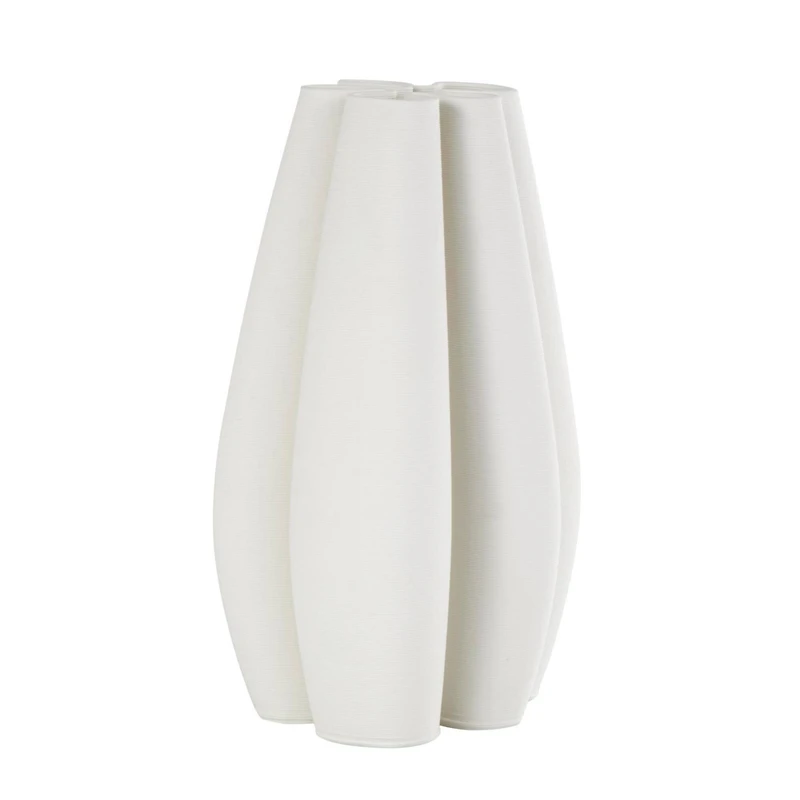 White Ceramic Abstract Ribbed Dimensional Concaved Vase with Floral Shaped Rim