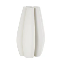 White Ceramic Abstract Ribbed Dimensional Concaved Vase with Floral Shaped Rim