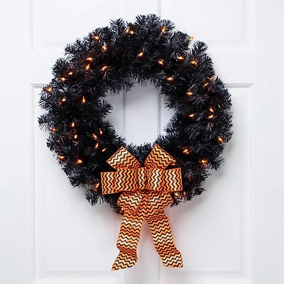 24'' Pre-Lit Black Noble Spruce Artificial Halloween Wreath