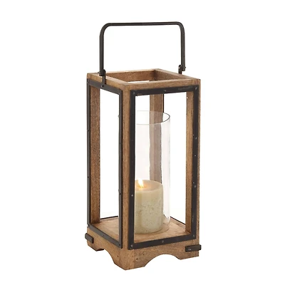 Natural Brown Mango Wood Traditional Candle Holder Lantern, 22" x 8" x 8"