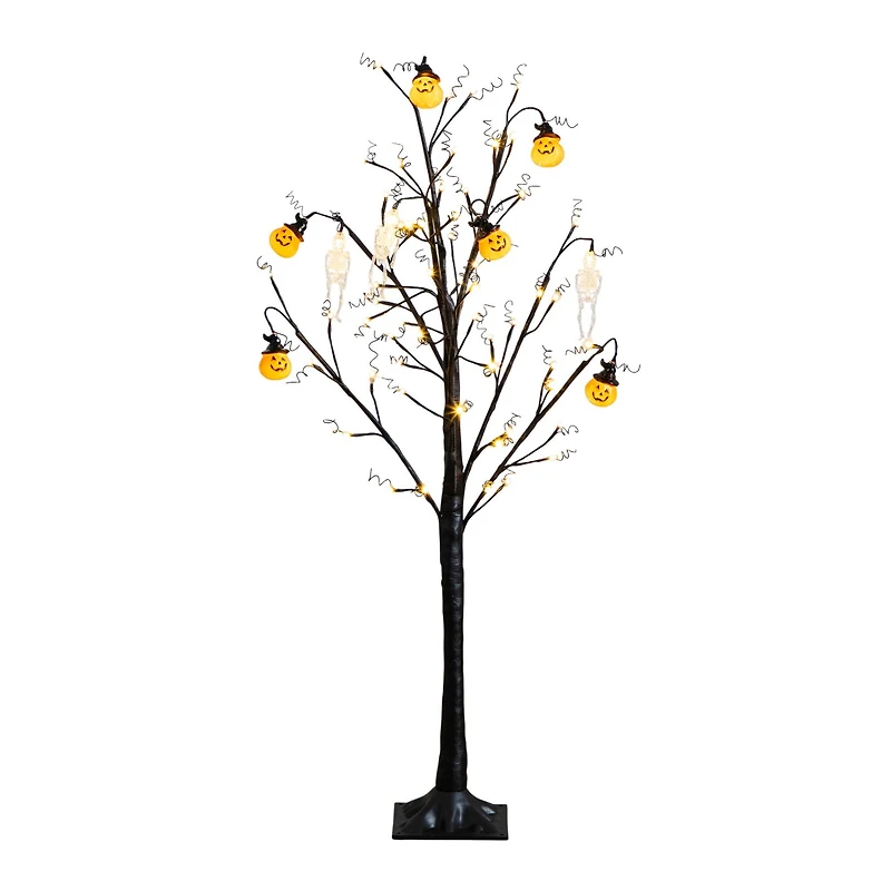 4ft. Pre-Lit Artificial Halloween Pumpkins and Skulls Ornament Tree with 64 Warm White LED Lights