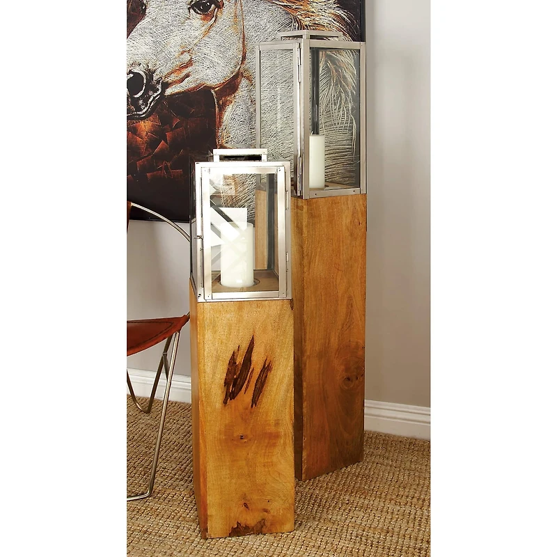 Brown Mango Wood Contemporary Candle Holder Lantern, 48" x 9" x 9"