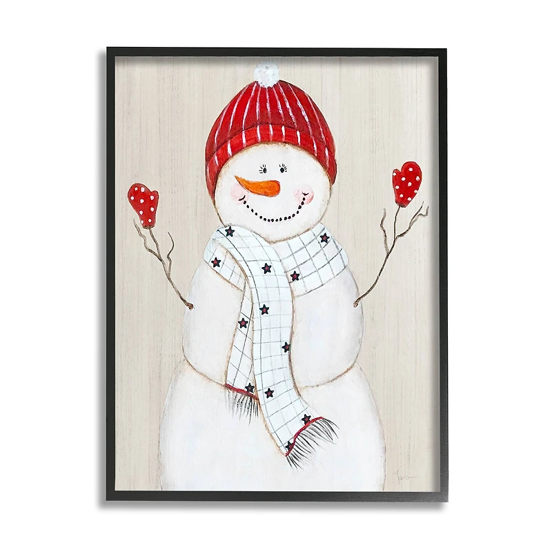 Stupell Industries Seasonal Snowman Smiling Red Hat Framed Giclee Art
