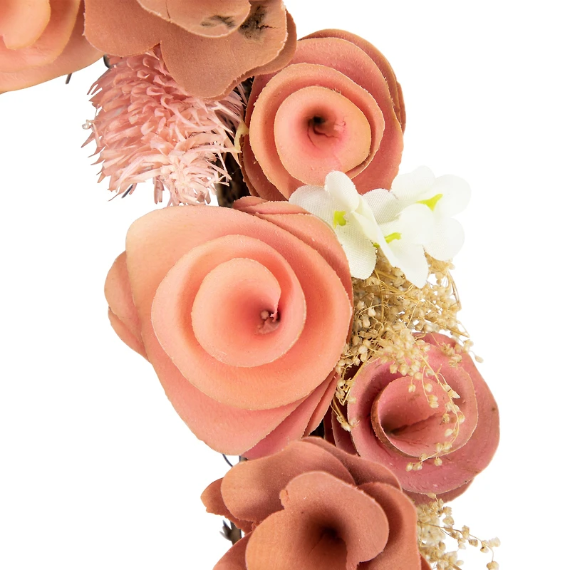 10" Pink Wooden Rose Heart Spring Wreath with Butterflies