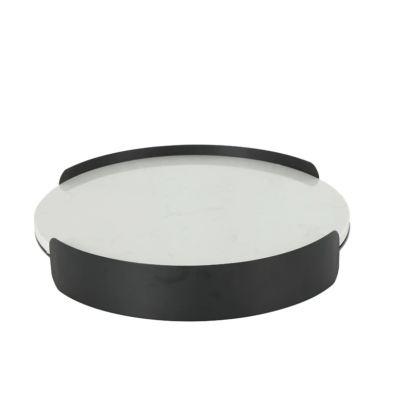 15.75" White Marble Round Living Room Décor Tray with Black Metal Frame