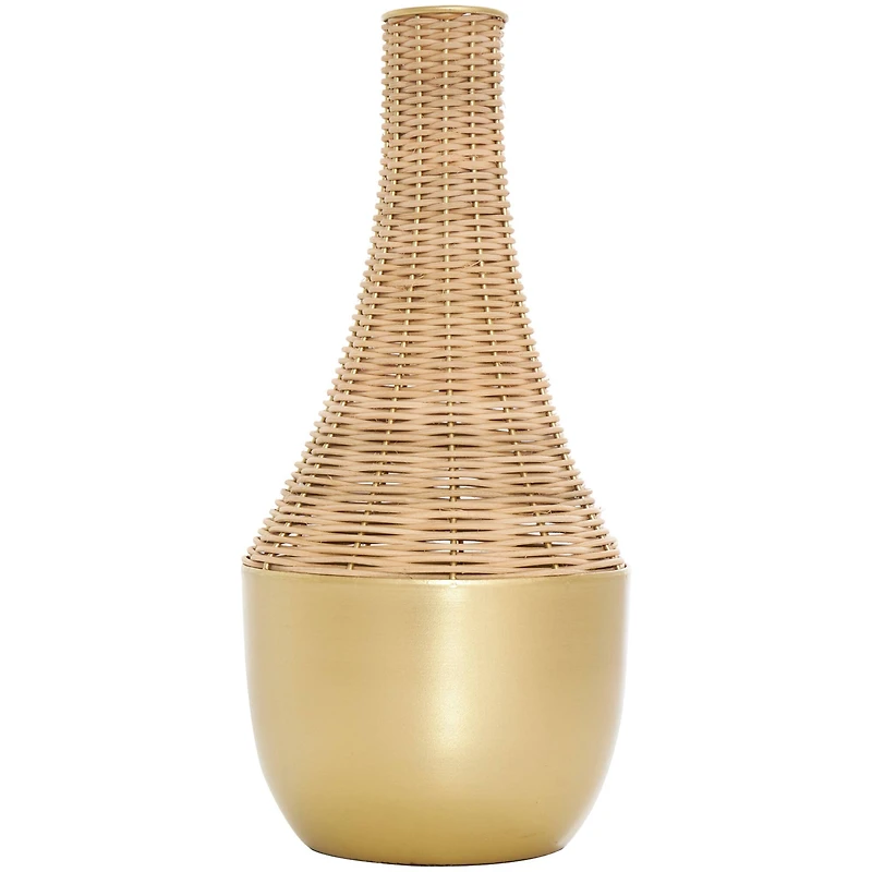 15" Brown & Gold Rattan Handmade Woven Vase