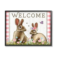 Stupell Industries Welcome Plaid Spring Garden Rabbits Framed Giclee Art