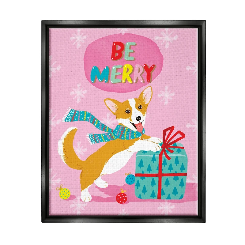 Stupell Industries Be Merry Smiling Puppy Gift Framed Floater Canvas Wall Art