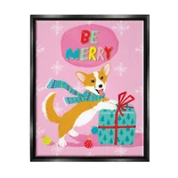 Stupell Industries Be Merry Smiling Puppy Gift Framed Floater Canvas Wall Art