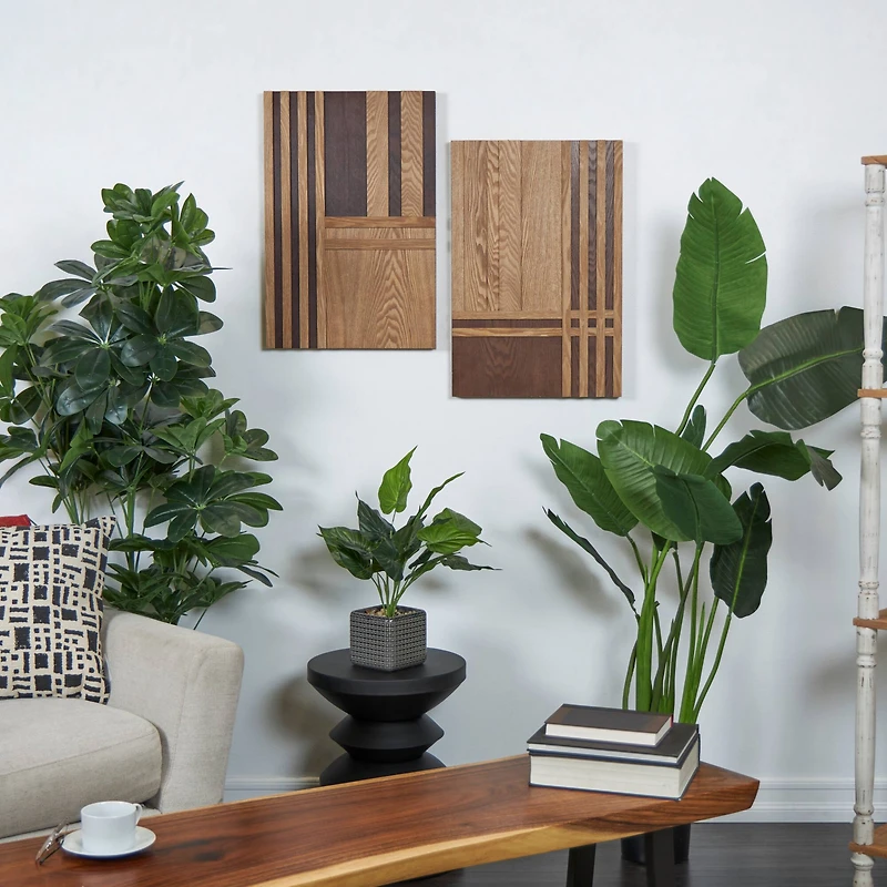 24" Brown Wooden Geometric Handmade Two-Toned Wall Décor Set