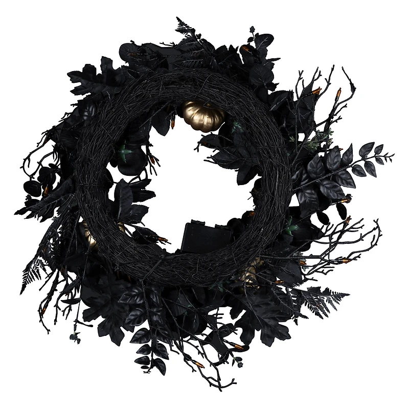 24" Chic Eek Black Flower & Pumpkin Halloween Pre-Lit LED Wreath