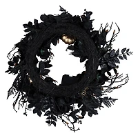 24" Chic Eek Black Flower & Pumpkin Halloween Pre-Lit LED Wreath