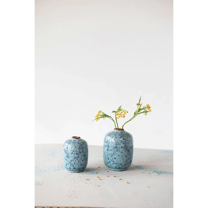 Hello Honey® 7" Distressed Blue Terracotta Vase with Floral Pattern